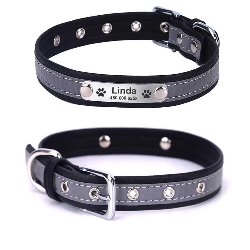 Reflective Personalized Dog Collar Leather Resistance bite Puppy Cat Collar ID Collar Engrave Name Phone Number Puppy NameplateXJ250218