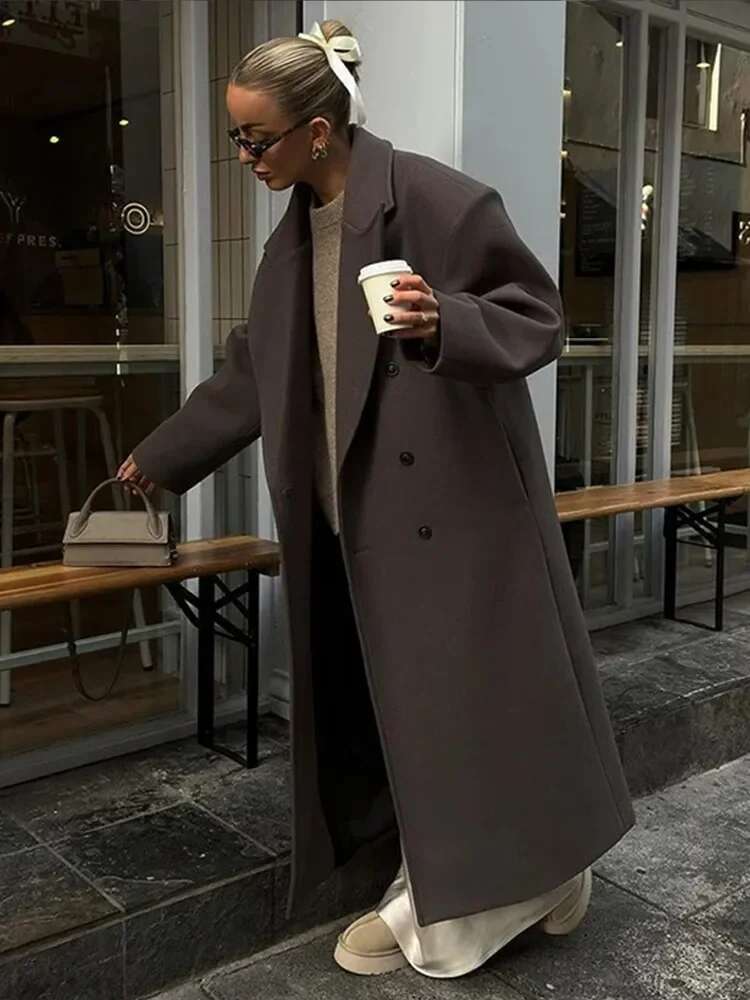 Lapel Women Long Coats Casual Straight Overcoat Double-Breasted Office Ladies Coat Autumn Winter Vintage Streetwear Outwear