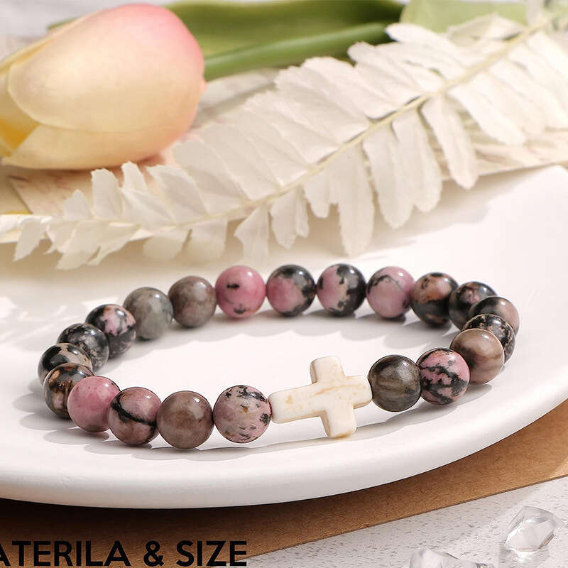 Natural Stone Cross Pink Zebra Elastic Bead Men's and Women's Gift Card Bracelet