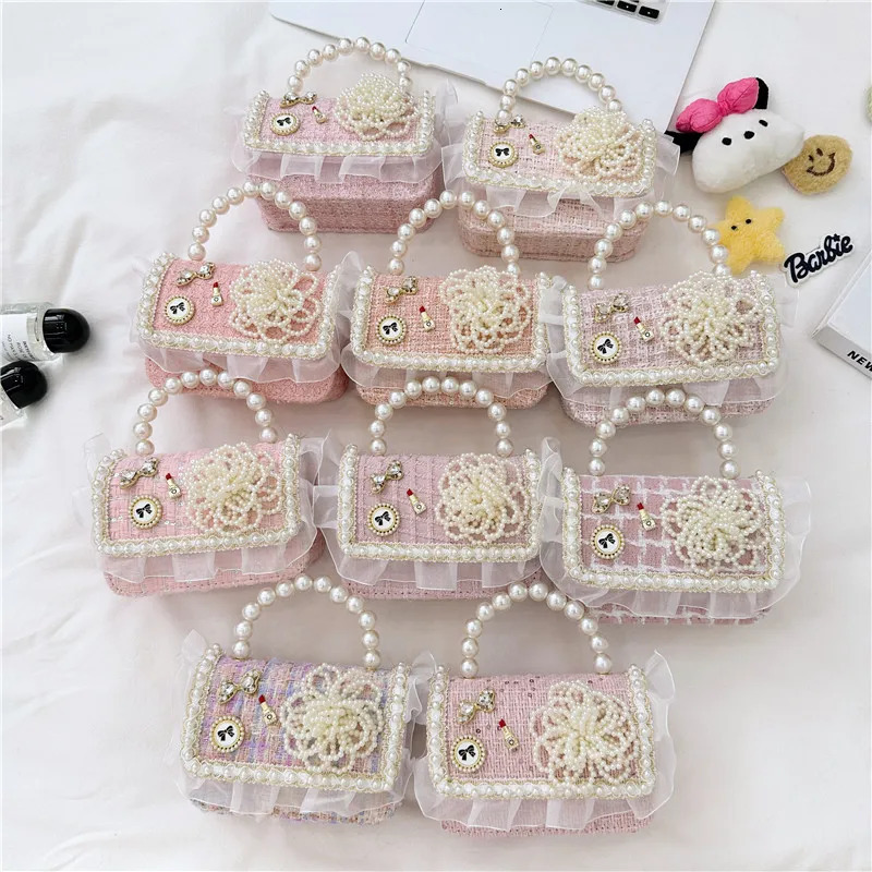 handbags mini purse Lattice girls bag wool bags for childrens pink girls purses and Pearl Handheld shoulder bag 250219