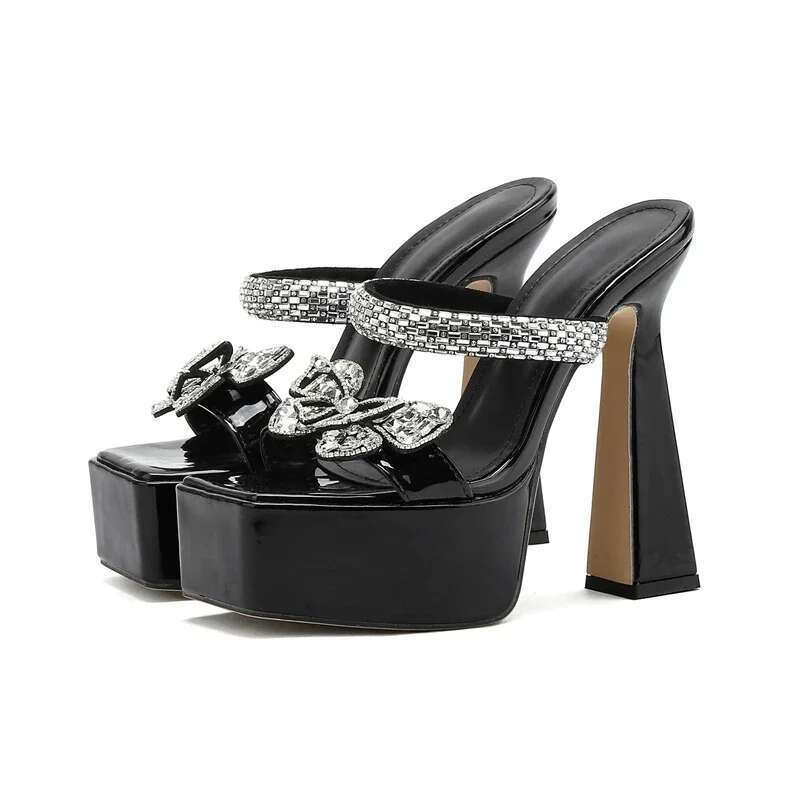 Summer Fashion Butterfly-knot Square Toe Women Slippers Sexy Ultra High Heels Shoes Platform Party Ladies Sandals