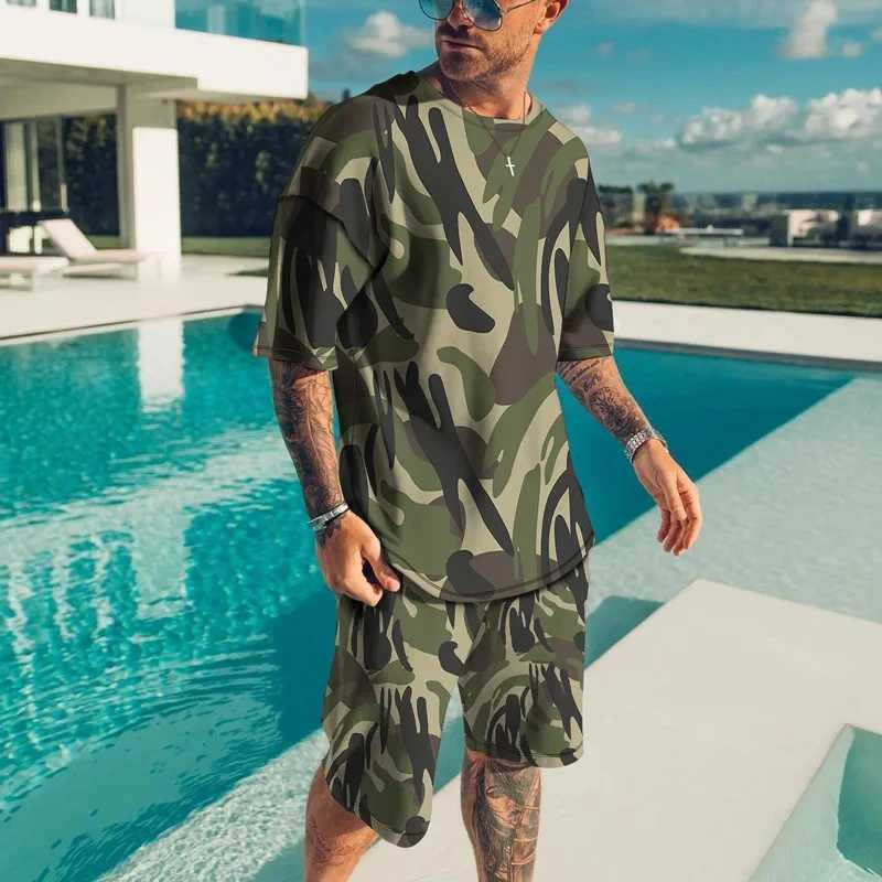 Mens T-shirt Sets 3D Print Camouflage Tracksuit T Shirts Shorts 2 Pieces New Streetwear Oversized Suits Sportswear Man ClothingXJ250218