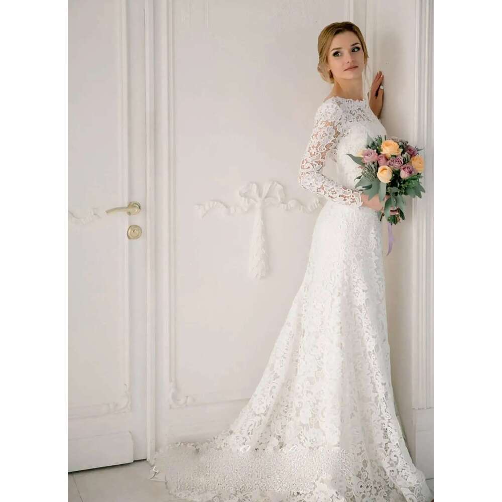 Vintage A E Wedding Dresses Long Sleeve High Neck Backless Appliques Lace Sweep Train Vestido De Noiva Customized 6660311
