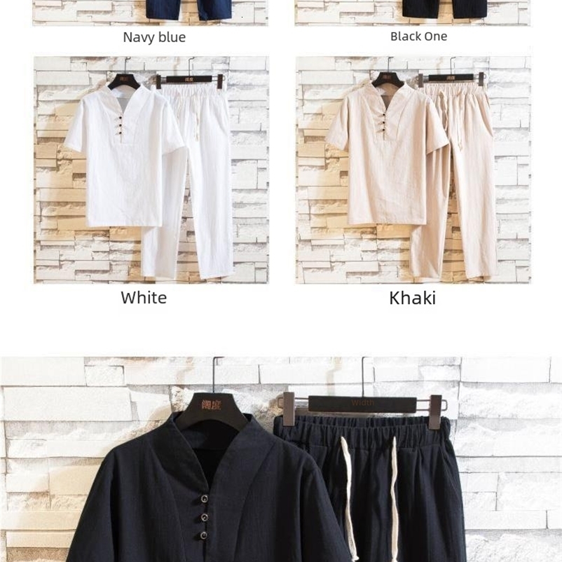 Chinese Style Linen Suit Mens Summer Short Sleeve Hanfu Ancient Buddhist System Zhenshi V-neck T-shirt Cotton Linen 2-piece Set 250218