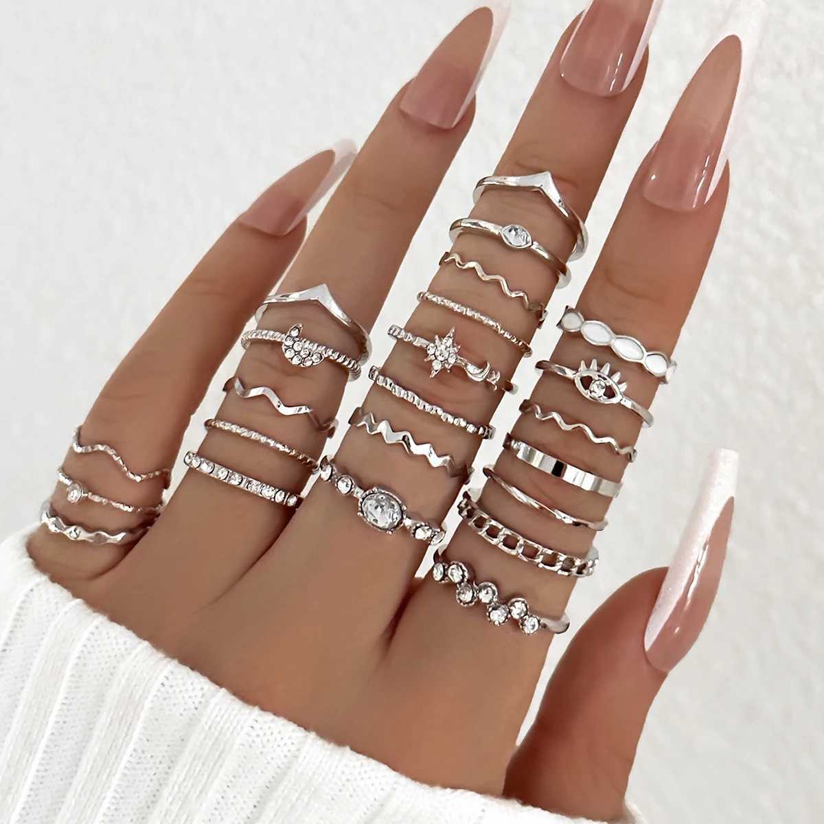 23Pcs/Set Luxury Simulated Faux Pearls Eye Wave Star Moon Chain-Shaped Multi-Element Design Suitable Rings For Women Daily WearXJ250219