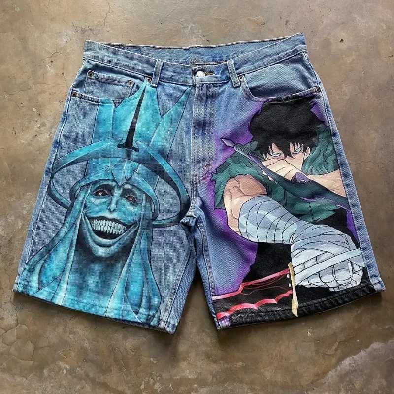 American Classic Personality Trend Animation Printed Super Large Denim Shorts Men Y2k Harajuku Hip-hop Versatile Jeans Women W250219