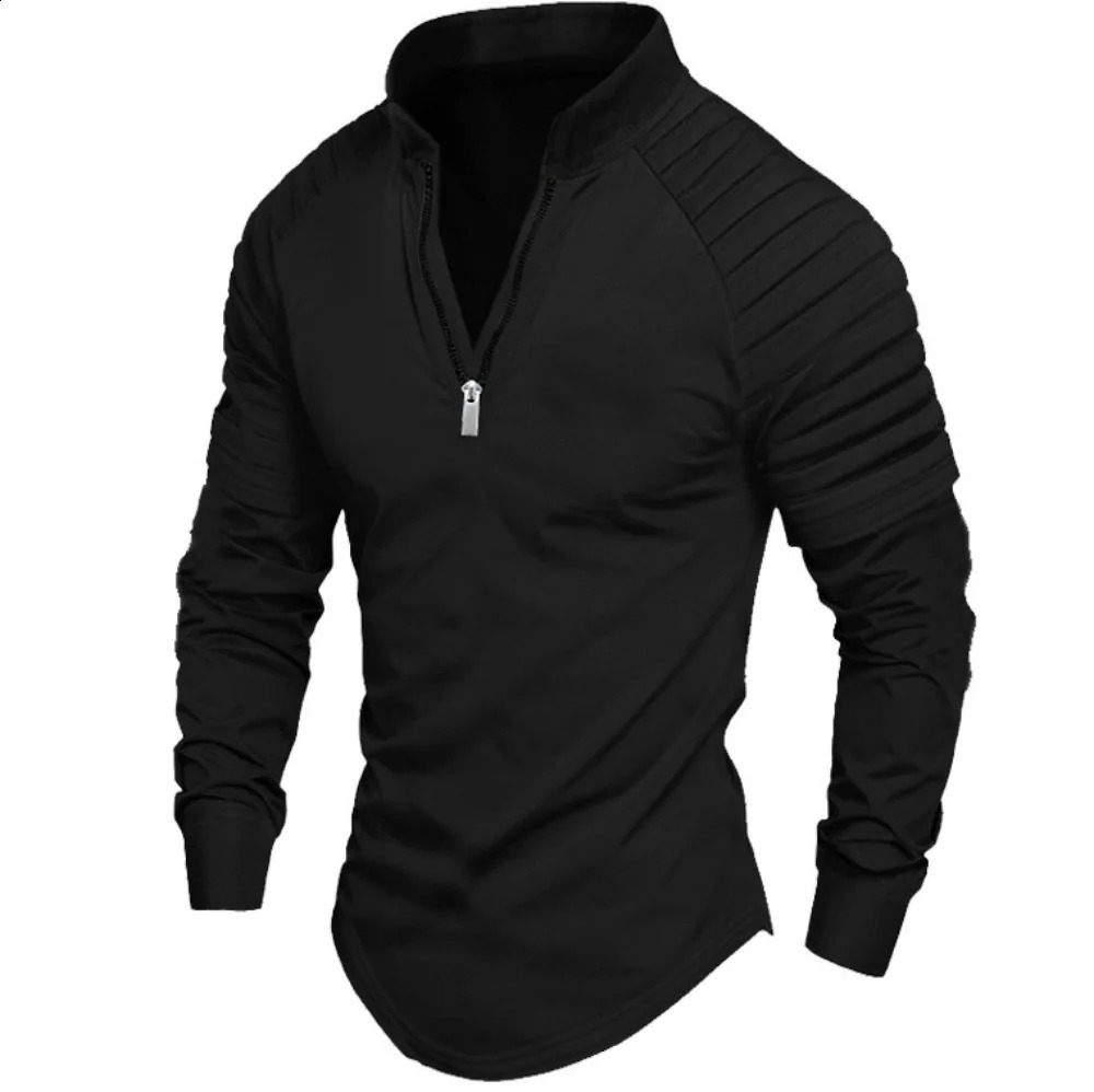 Mens POLO Shirt Fashion Casual Loose Solid Color Striped Zipper Stand Collar Sports Urban Office LongSleeved Tops 250213