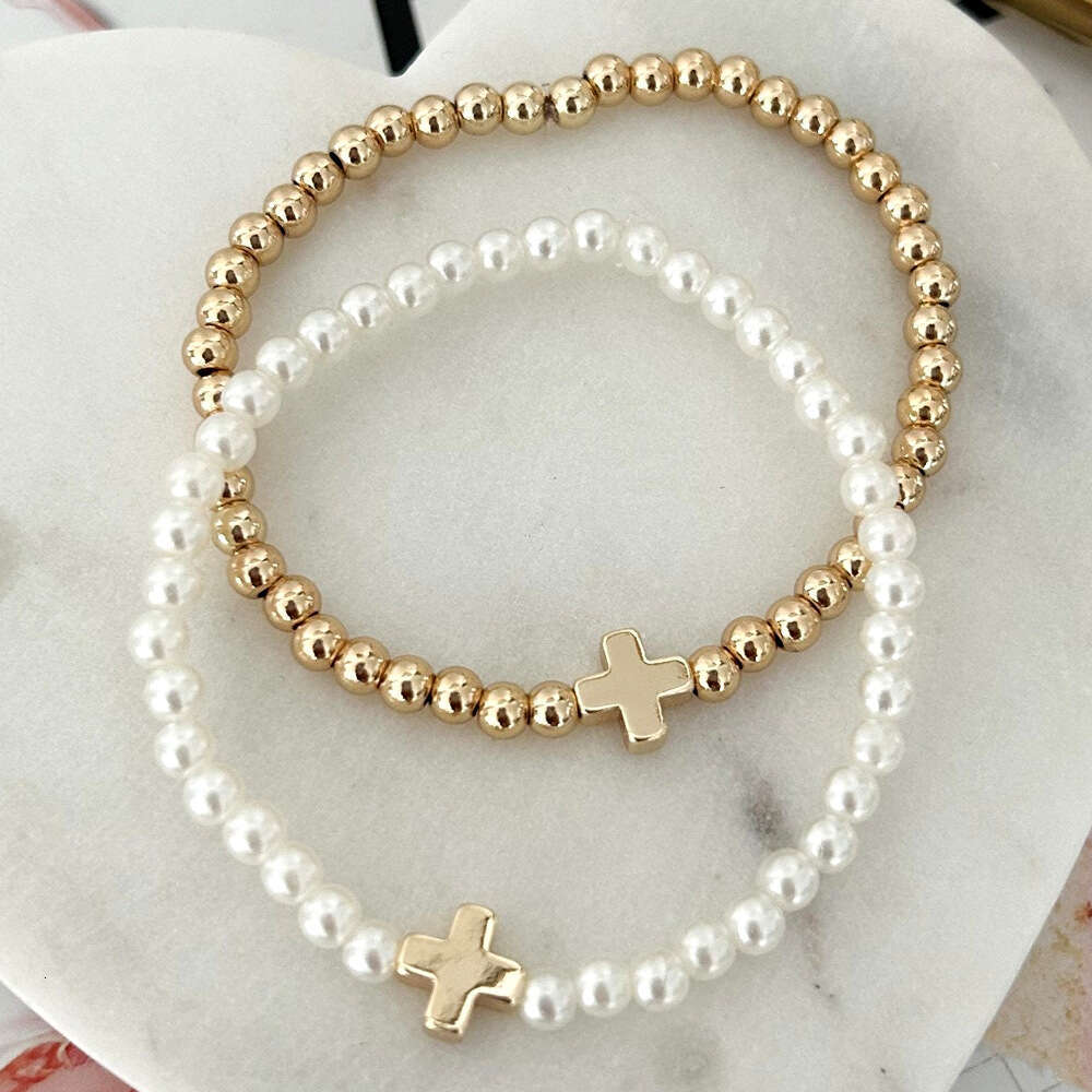 Fashionable and Personalized Iron Gallstone Cross Imitation Pearl Stacked Bracelet, Copper Bead Beaded Women's Bracelet