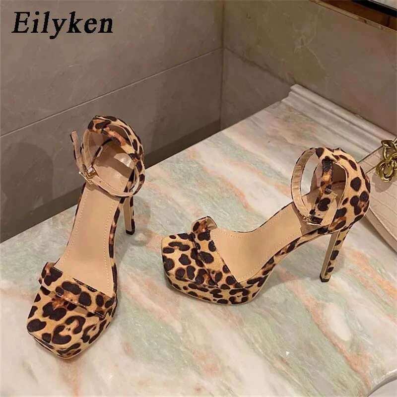 Summer Sexy Leopard Grain Pole Dancing Sandals Women Ankle Buckle Strap Platform High Heels Pumps Shoes