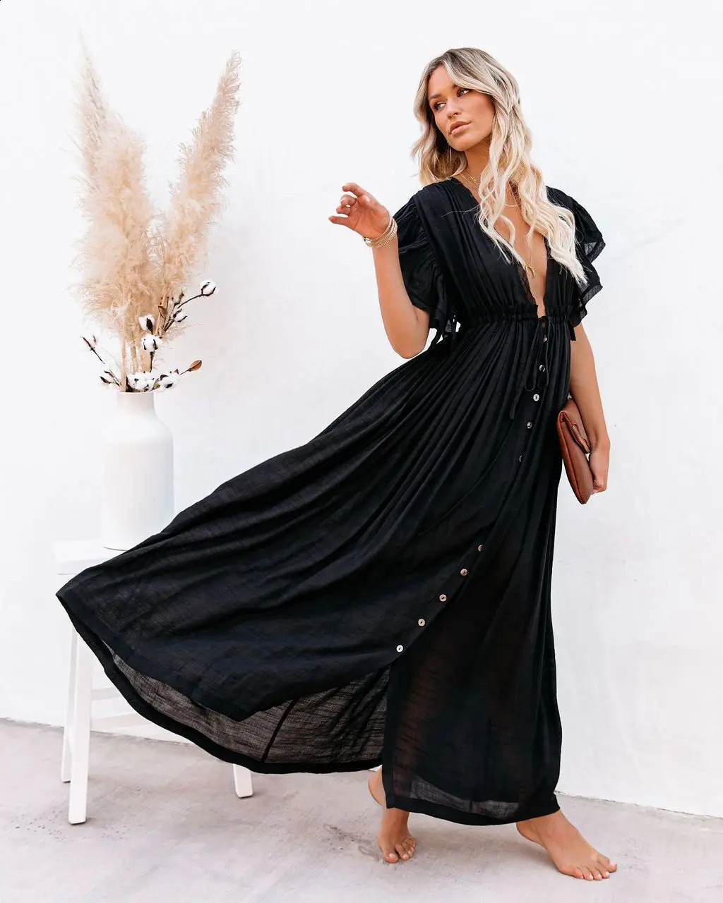2024 Summer Long Bikini Cover Ups for Women Solid VNeck Kimono Beach Dresses Lace Up AntiSun Swim Dress Bohemian Sarong Skirt 250212