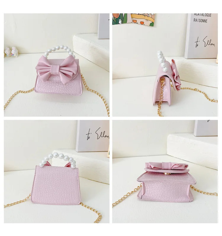 Cute Bowknot Childrens Coin Purse Fashion Pearl Handle Princess Handbags Pu Leather Girls Shoulder Bags Chain Crossbody Bags 250219