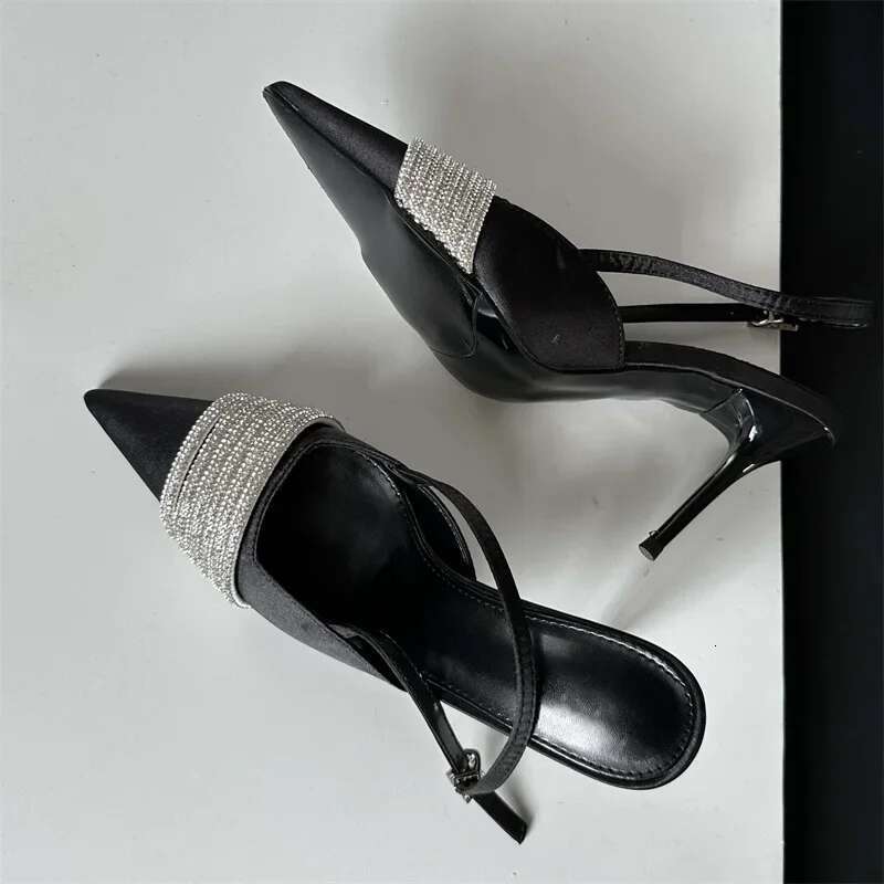 CRYSTAL Rhie Silk Women Pumps Sexy Sgbacks Buckle Strap Prom Thin Heels Elegant Sandals Mule Shoes