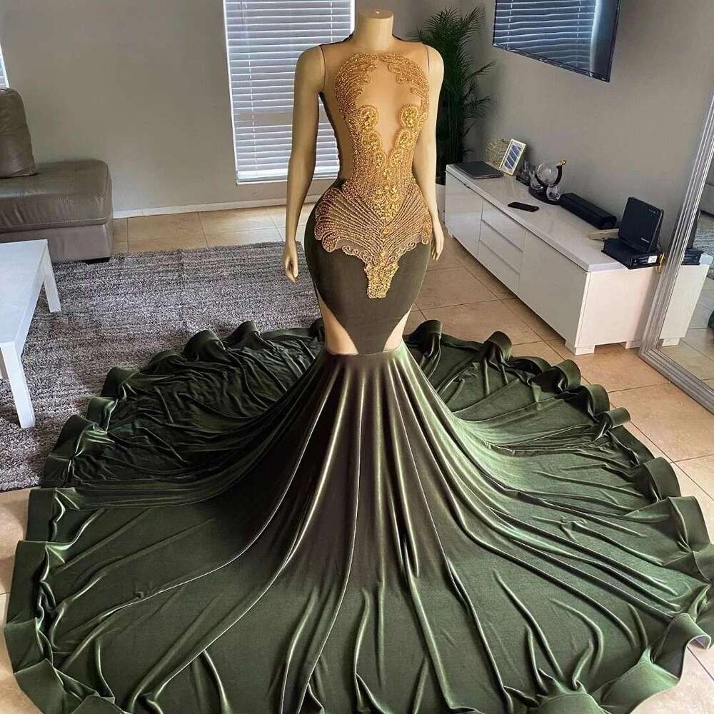 African American Long Prom Dresses For Black Girls Mermaid Sheer Beaded Crystals Women Party Evening Gown Customized
