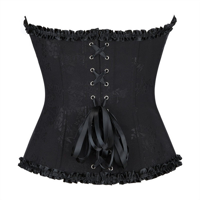 2025 New Chic Women's Jacquard Overbust Corset in Floral Brocade Fabric with Ruffle Trim and Ribbon Details Black White Red Dark Blue
