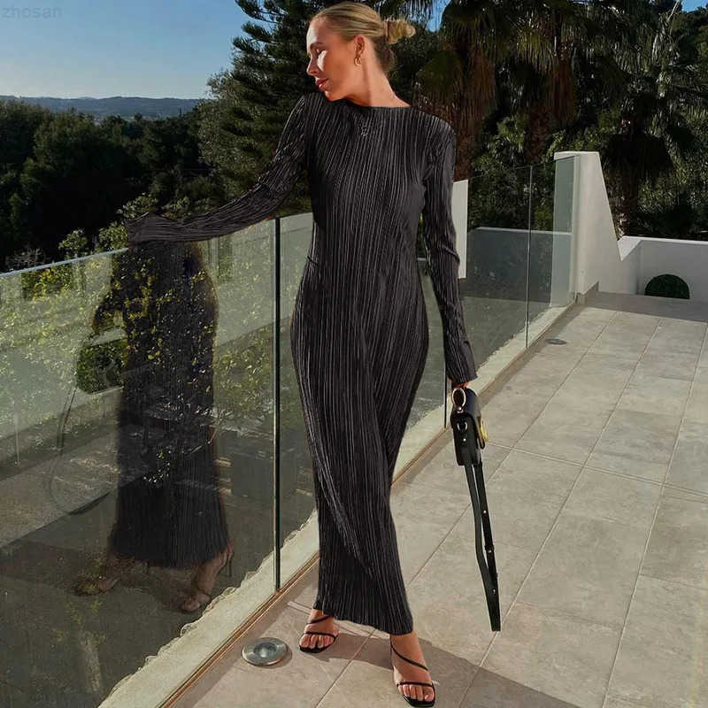 Basic Casual Dresses Dulzura Women 2024 Autumn Winter Fashion Long Slve Strtwear Bodycon Black Long Dress Wholesale Items For Business H25217 ULEX