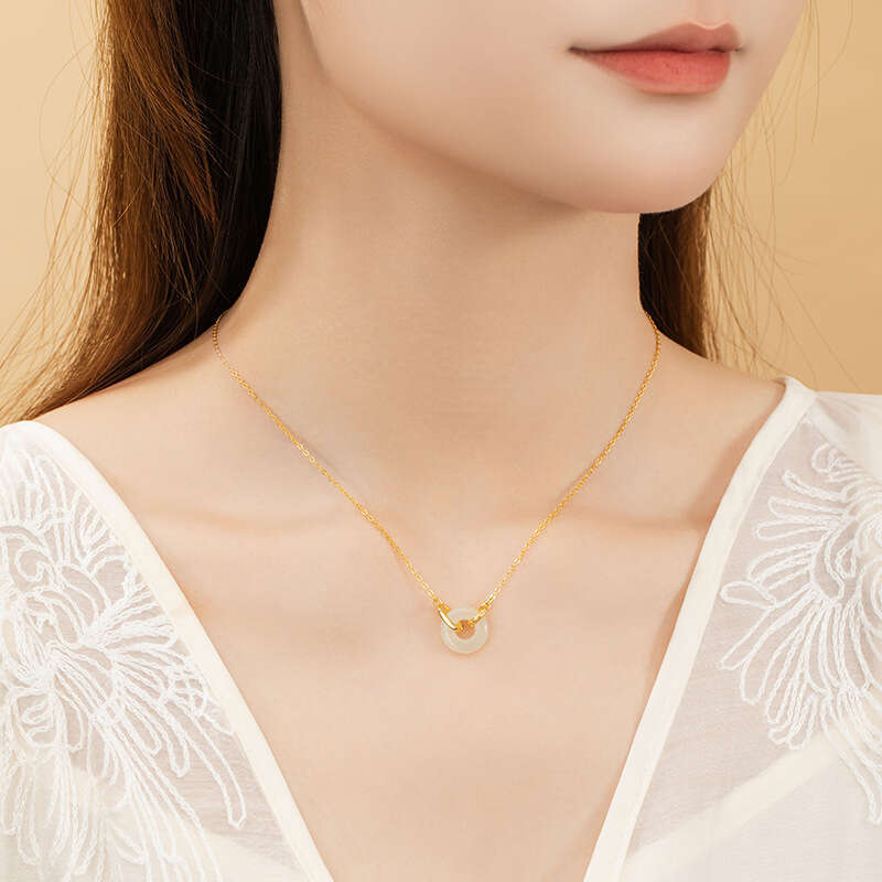 Hotan Jade Peace Buckle Sterg Sier Necklace Female China-Chic Ethnic Style ked Ins High level Palace Pendant