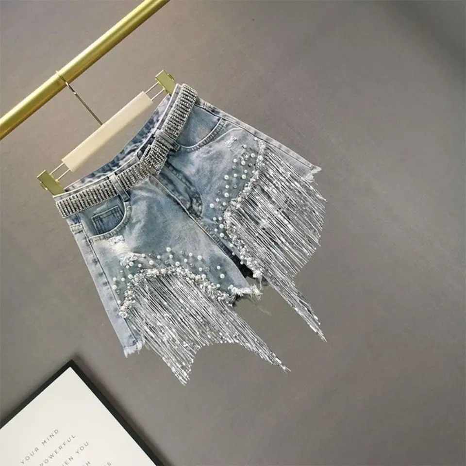 Denim Shorts for Womens Summer and Korean Versions High Waisted and Slim with Holes Studded Sequins Tassels Wide Leg Pants 250217