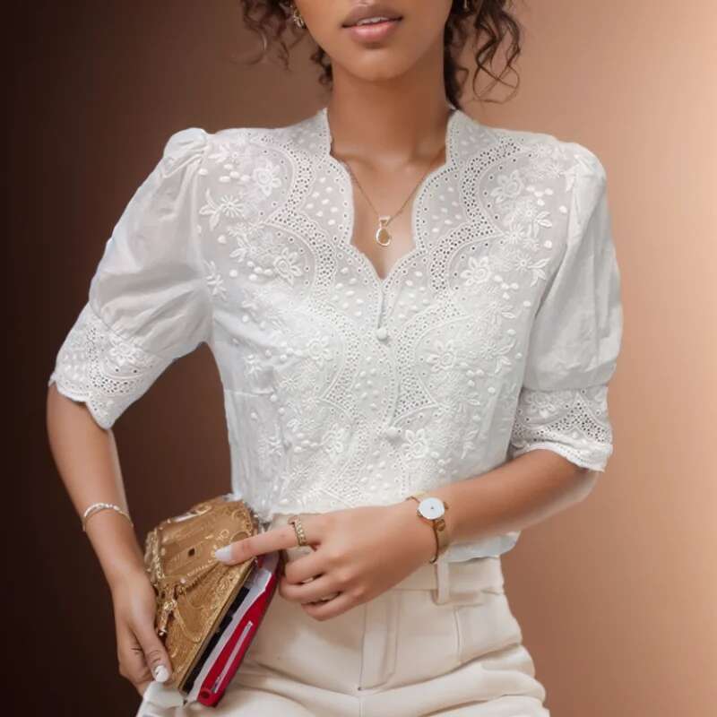 Summer Embroidery Puff En Cotton Women Blouse Spring Casual White Hollow Out Tops Short Sleeve Shirt