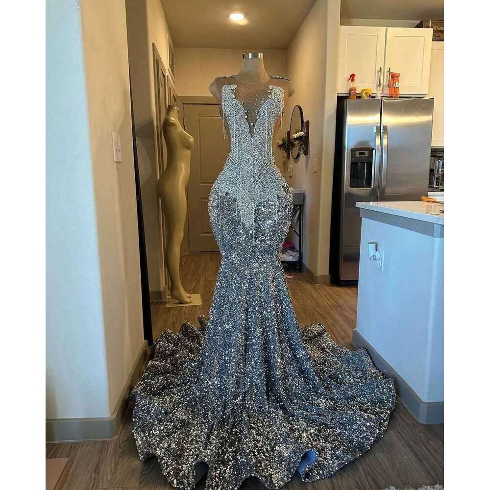 Rhies Prom Dresses Black Girls Beaded Glittle Sequin Birthday Party African Evening Gowns Graduation Customized