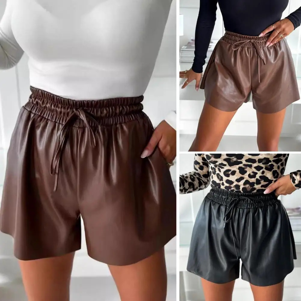 Womens shorts smooth faux leather retro shorts drawstring high elasticity waist fold side pockets club party Dtaing mini shorts 250214