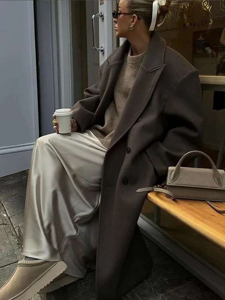 Lapel Women Long Coats Casual Straight Overcoat Double-Breasted Office Ladies Coat Autumn Winter Vintage Streetwear Outwear