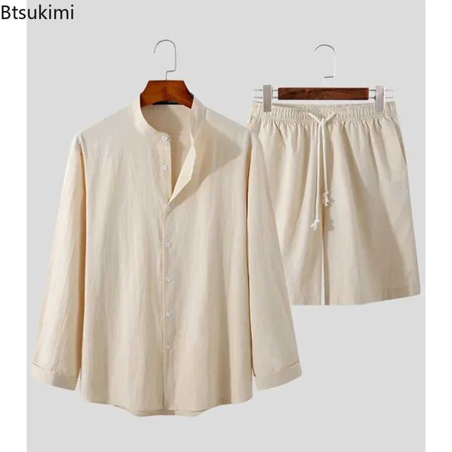 New 2025 Mens Summer Casual Hawaiian Beach Sets 2PCS Solid Long Sleeve Shirt and Board Shorts Streetwear Cotton Linen Men SetsXJ250218
