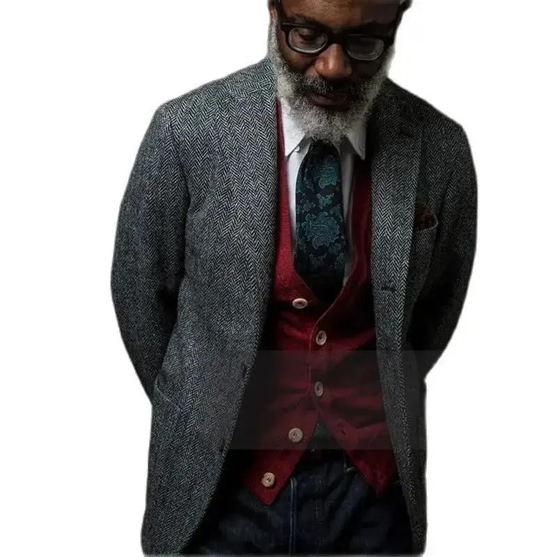 Grey Wool Tweed Winter Suit Blazer Single Breasted Suit Jacket Formal Fashion Notch Lapel Herringbone Coat for Wedding/Business 250213