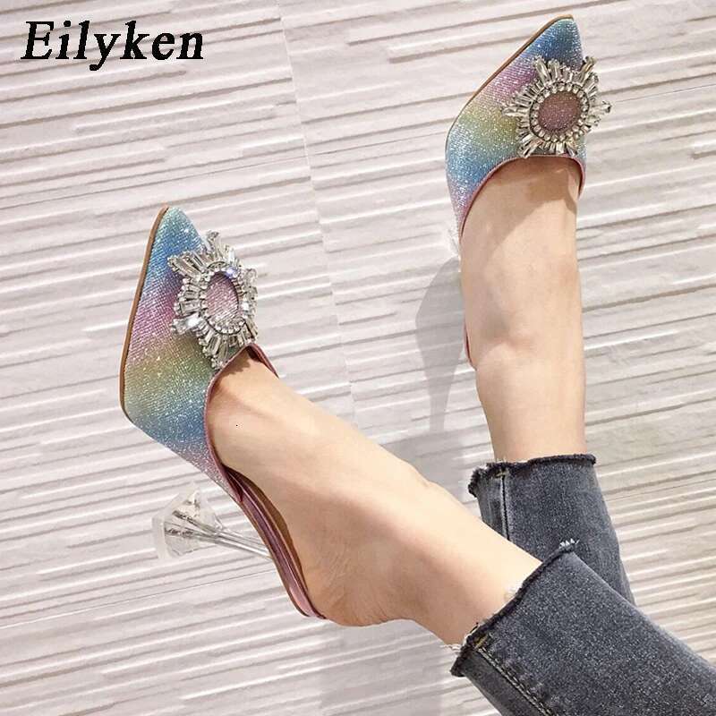 Rhie Women Pumps Sandals Elegant Pointed Toe High Heels Bg Crystal Perspex Spike Heeled Mule Shoes