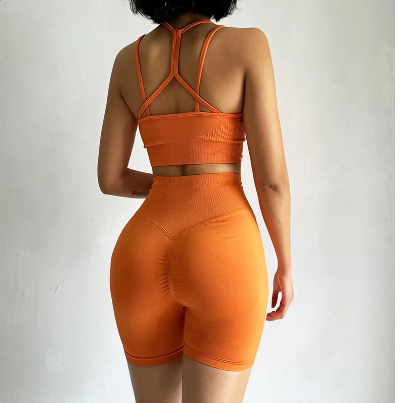 2PCS Seamless Yoga Set for Women High-Waist Butt Lifting Sportswear Workout Gym Fitness Tight Short And Sport Bra Suit 250219