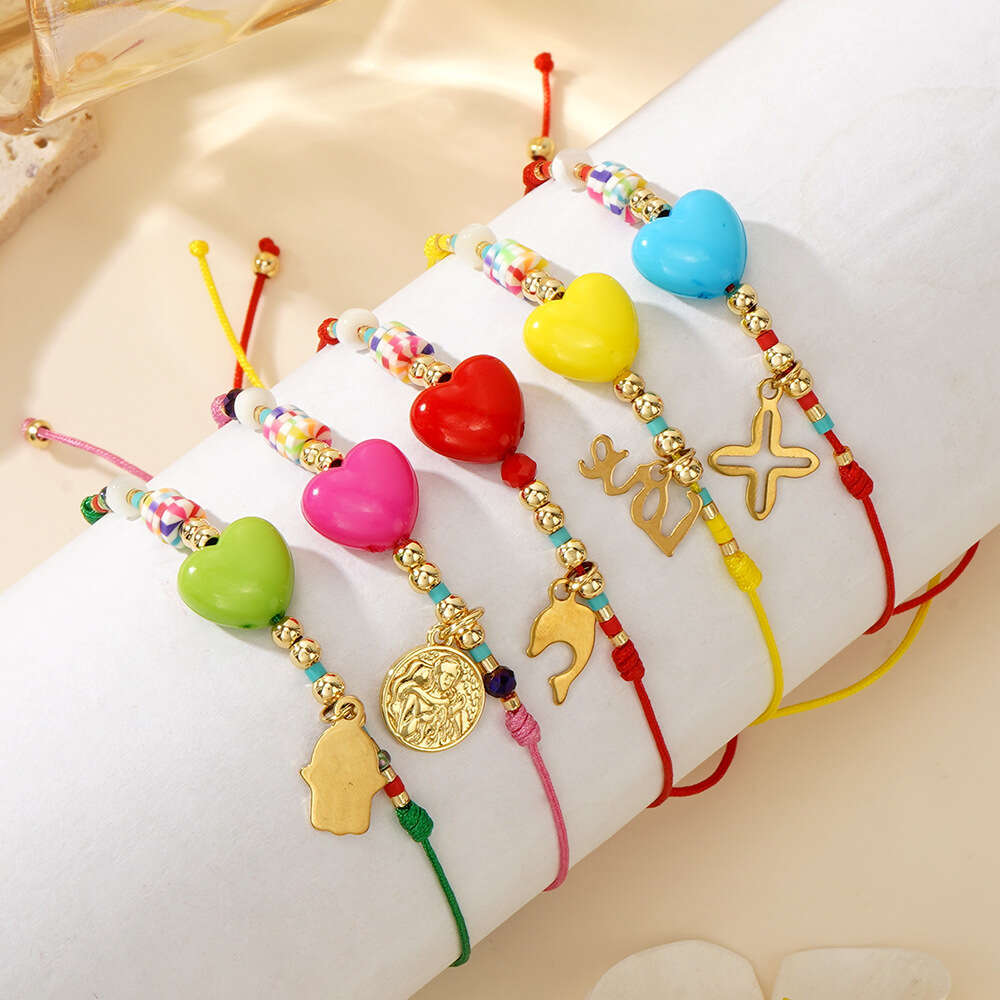 New Bohemian casual style colorful peach heart stainless steel palm LOVE fashion tag bracelet