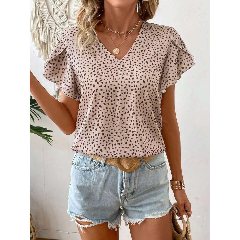 Elegant Small V-Neck Short Petal Sleeve Woven Casual Women's Shirt