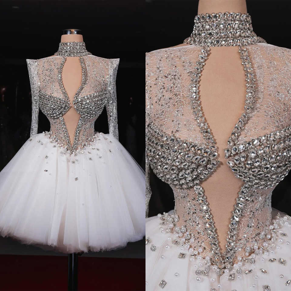 Sparkly Evening Mini Dresses For Women High Collar Long Sleeves Gown Sequins Crystal Pearls Short Customized Dress