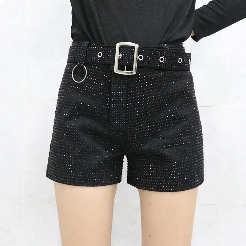 Shorts Women Wide Leg Shorts High Waist Sexy Fashion Elastic Waist Diamond Casual Pants Female Belt Shorts Jeans Q780 250217