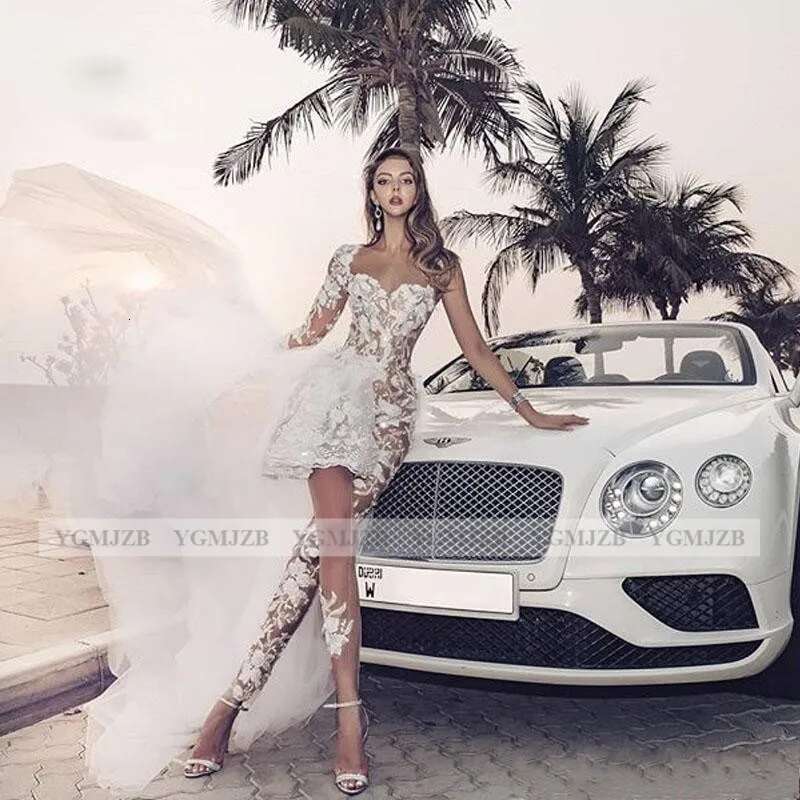 Sexy Short Boho Bohemian Wedding Dress Lace Jumpsuit for Bride One Long Sleeves with Detachable Train Bridal Gowns