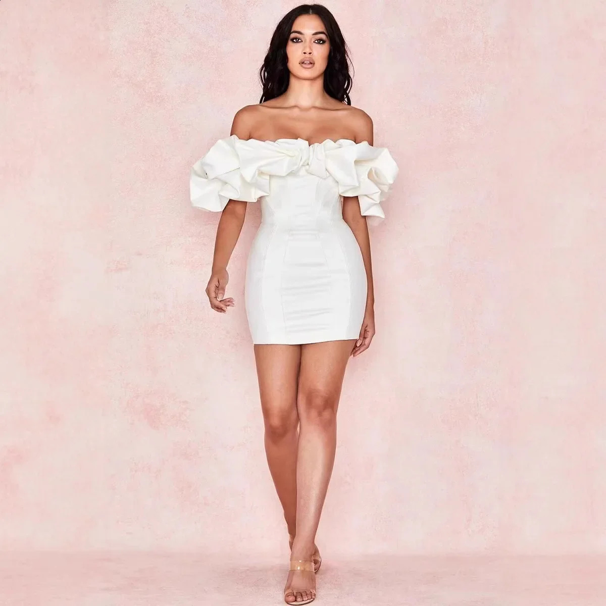 Women Party Dress Sexy Sleeveless White Ruffles Ladies Slim Strapless Empire Dinner Thin Pencil Midi Dresses 250218