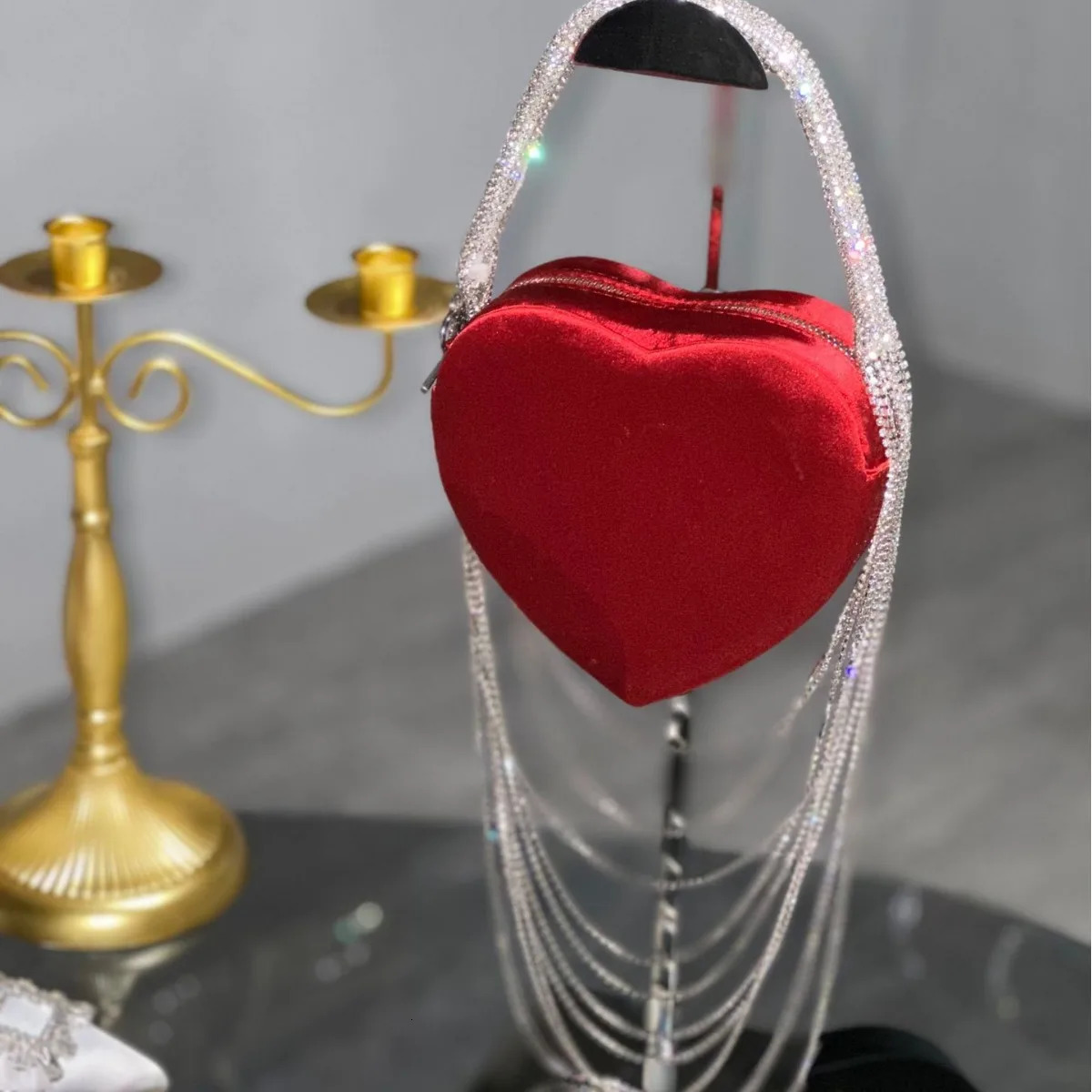 Tassel Heartshaped Silk Rhinestone Handbag Women Pink Love Shoulder Chain Crossbody Bag Fashion Evening 250218