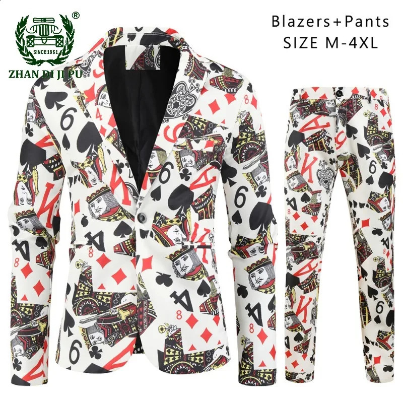 2pcs Playing Cards Poker Print Suits for Men Blazer Jacket Korean Fashion Party Prom Costume Sets Pants Mens Blazer Green Men 250214