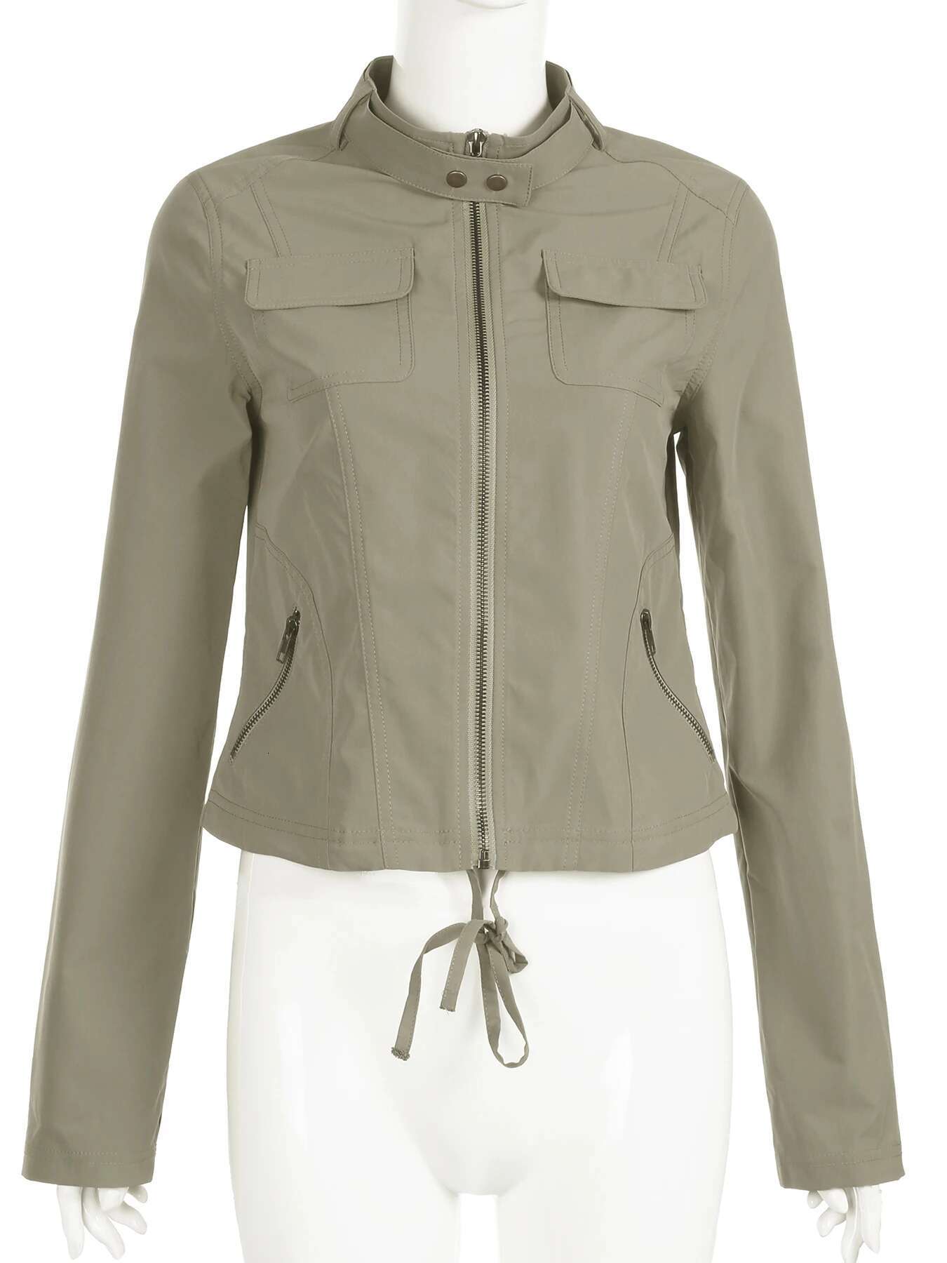 IAMSURE Safari Style Big Pockets Zipper Jackets Casual Solid Turtleneck Long Sleeve Coats Women 22024 Autumn Winter Fashion Lady