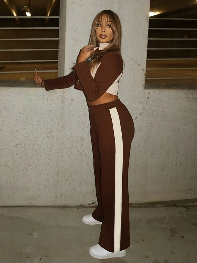 kliou Panelled Patchwork Women 2 Piece Set Fall Casual Lapel Full Sleeve Skinny Zip-up TopsOversized Straight Pants Basic Suits 250218