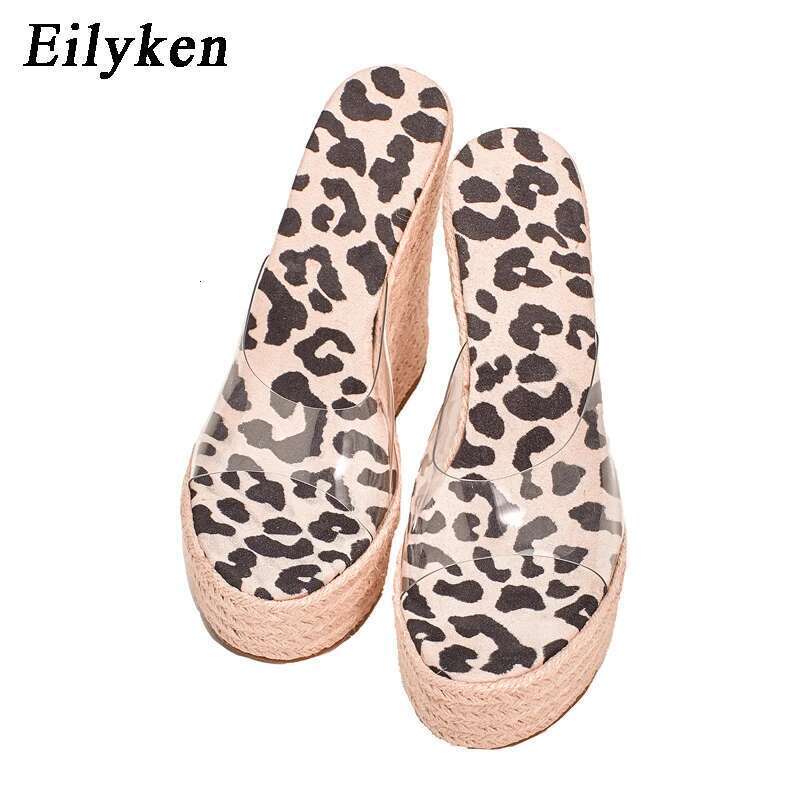 PVC Transparent Peep Toe Leopard Grain Platform Wedges Slippers Sandals Women Fashion High Heels Female Shoes