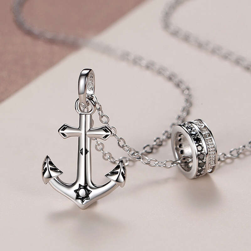 Ship Anchor Sterg Sier Necklace Hip Hop Caribbean Pirate Cross Chain Men's Trendy Tag Pendant