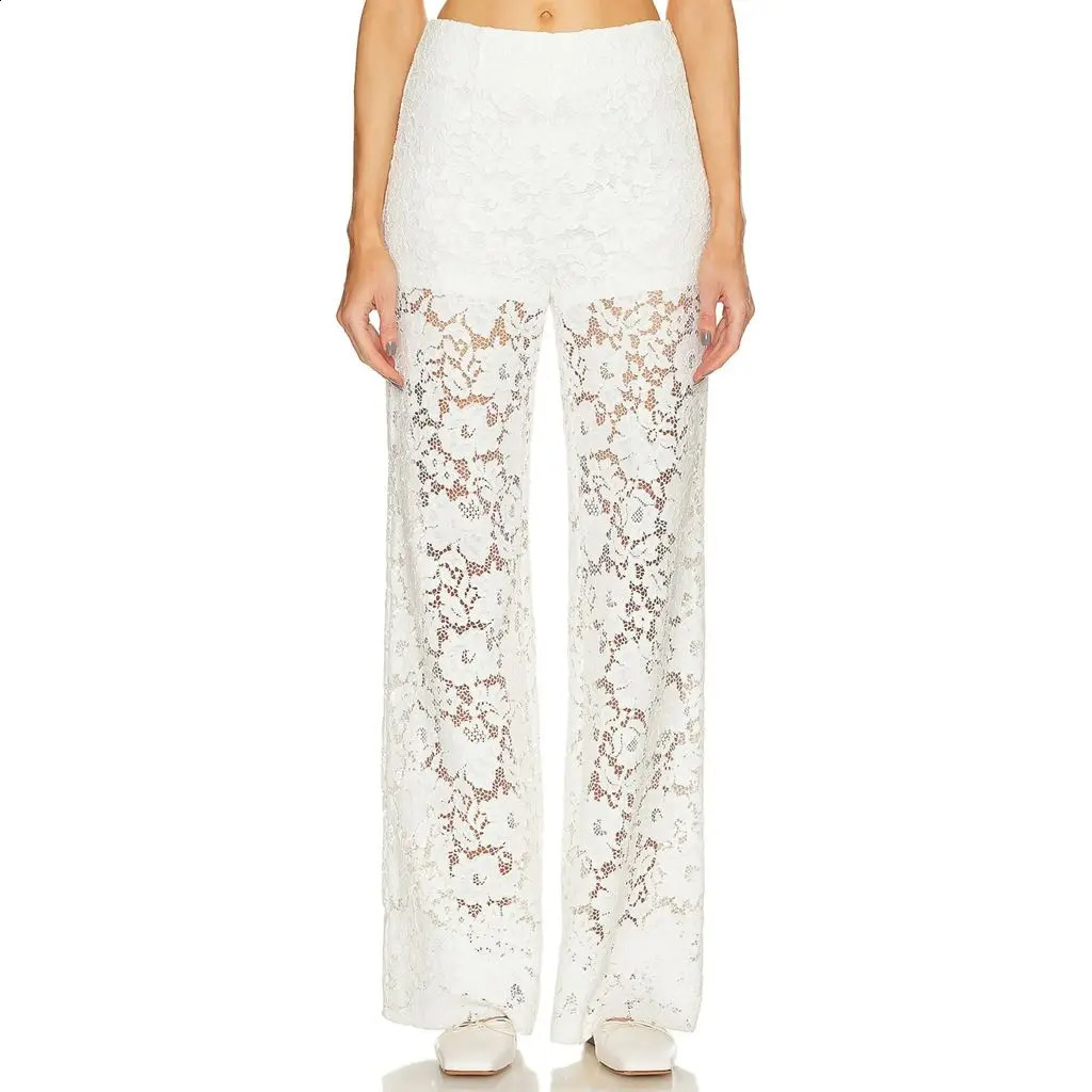 Lairauiy Womens OL Elegant Floral Lace See-through Sheer Long Pants Elastic High Waist Straight Trousers Streetwear 250218
