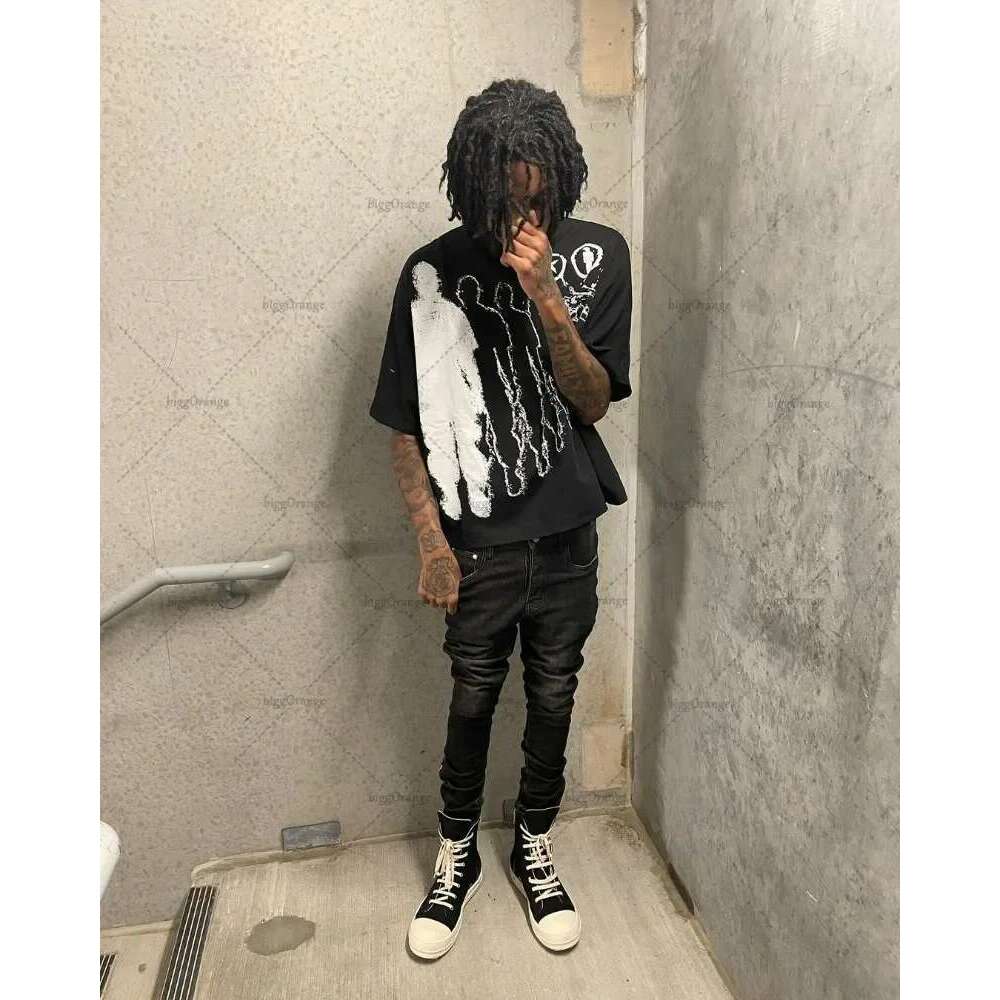 High Street Cartoon Pattern Printed Women T-shirt Fashion Round Neck Pure Cotton Short sleeved Men Y2k Retro Casual Top