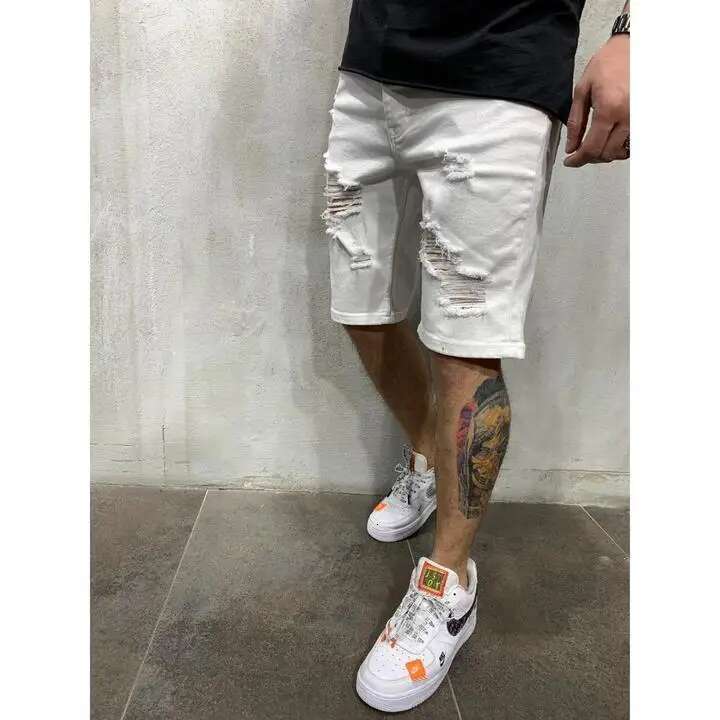 2025 Striped Fringe Denim Shorts New Summer Men's Personalized Design Retro Washed Perforated Denim Shorts Large Casual Fashion Shorts