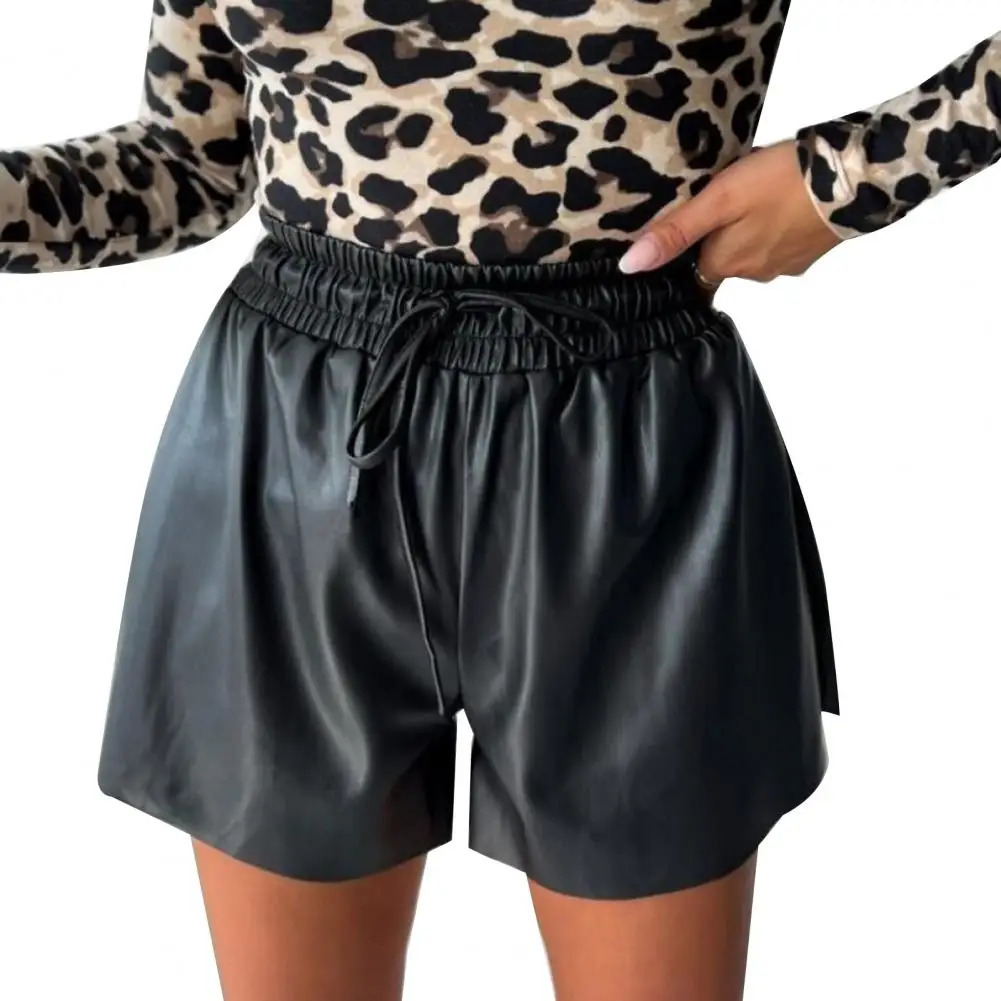 Womens shorts smooth faux leather retro shorts drawstring high elasticity waist fold side pockets club party Dtaing mini shorts 250214