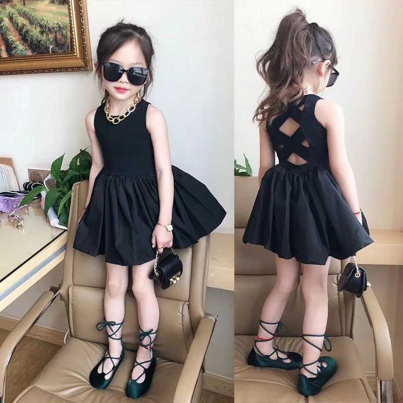2024 Summer Girls Elegant Goth Dresss Black Sleeveless Tutu Dress Backless Off Shoulder Party Kid Dresses 2 4 5 6 7 8 Years OldT250219