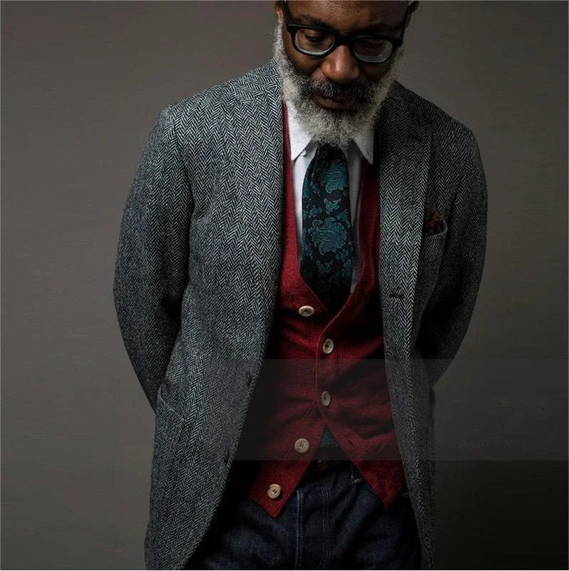 Grey Wool Tweed Winter Suit Blazer Single Breasted Suit Jacket Formal Fashion Notch Lapel Herringbone Coat for Wedding/Business 250213