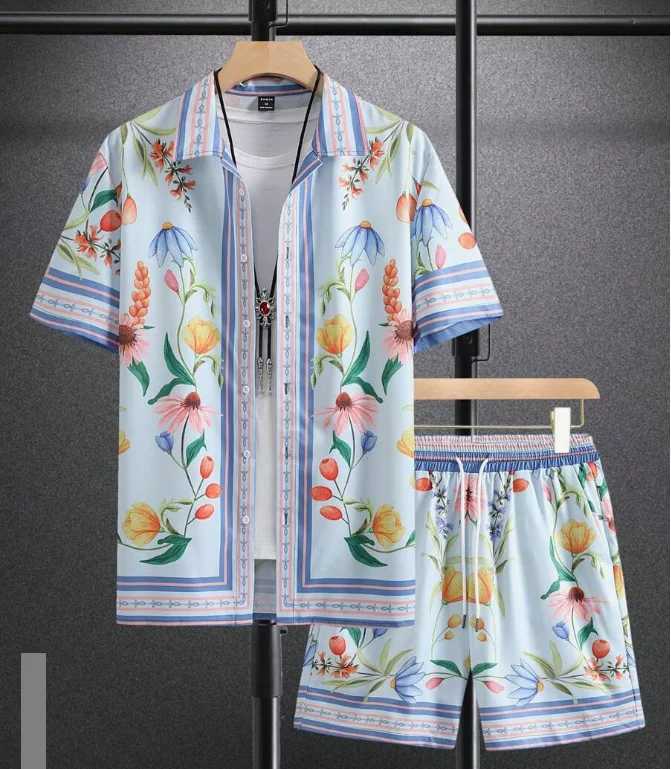 Hawaiian Shirt Set Summer 3D printed 5-color floral pattern shirt+shorts 2-piece fashionable casual sunny beach holiday shirt setXJ250326