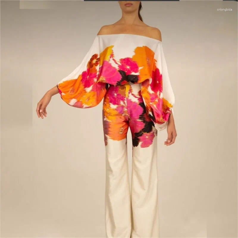 Women's Two Piece Pants Women Print Satin Outfit Lantern Sleeve Off Shoulder Long Blouse Office Lady 2 Sets Casual Wide Leg Suits