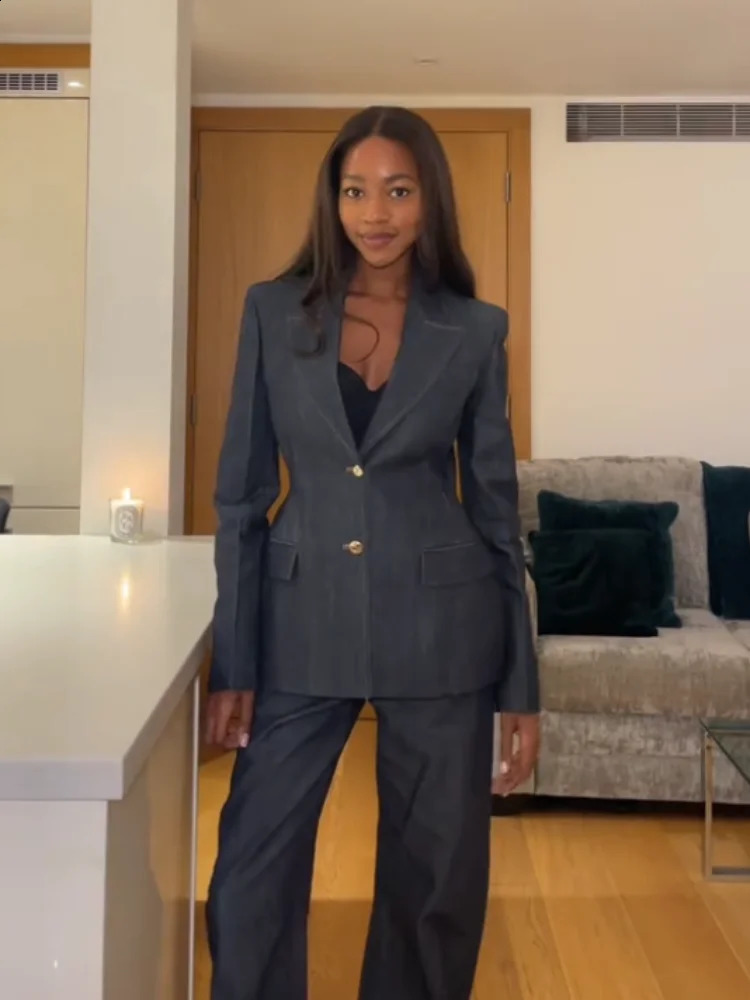 Denim Blazer Coat Tube Top Pants Sets 3 Pieces Women Spring Notched Button Up Suits Jacket Vest Wide Leg Trousers Suits 250218